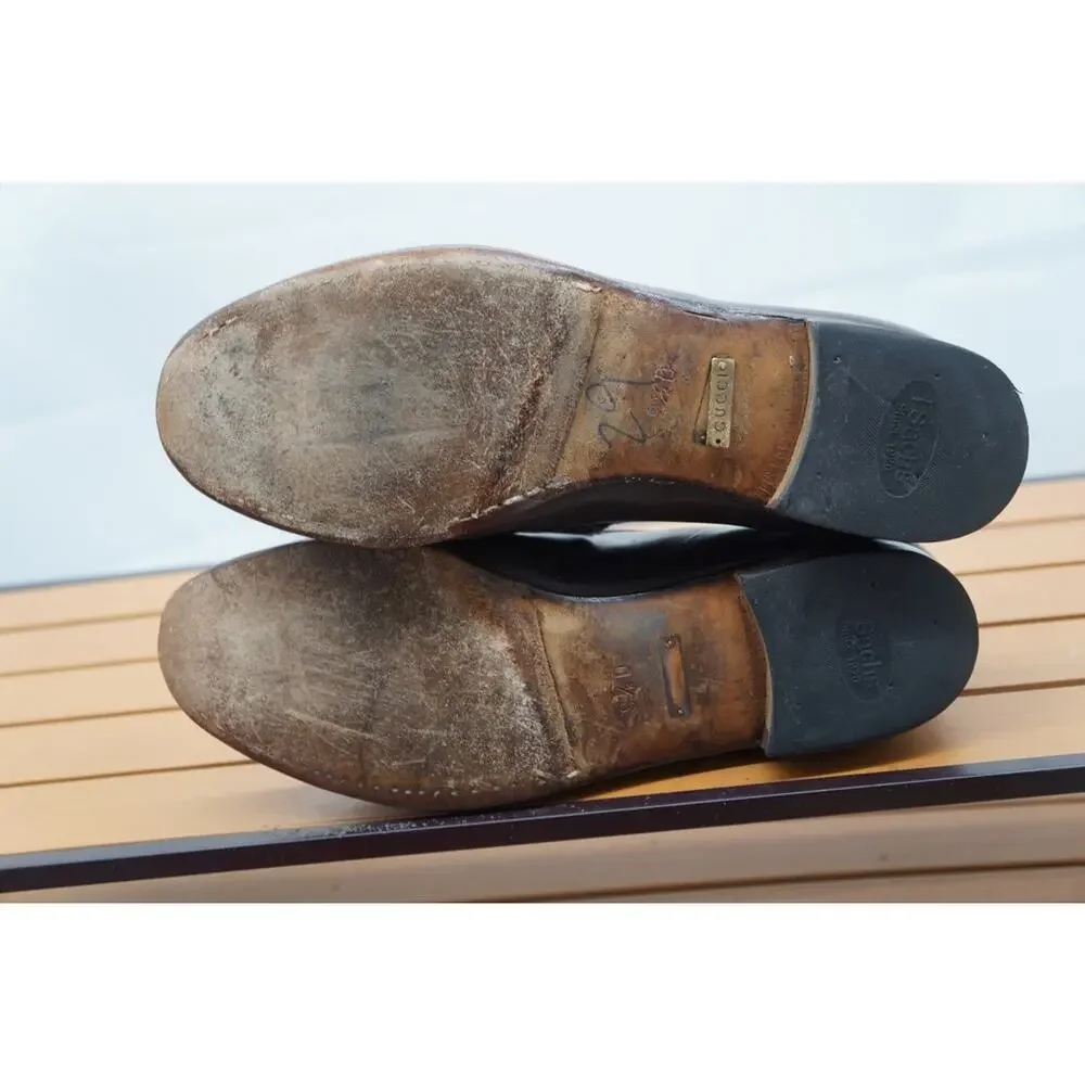$1090 GUCCI men's leather horsebit loafers w/gold bit - dark brown - US 9.5 D